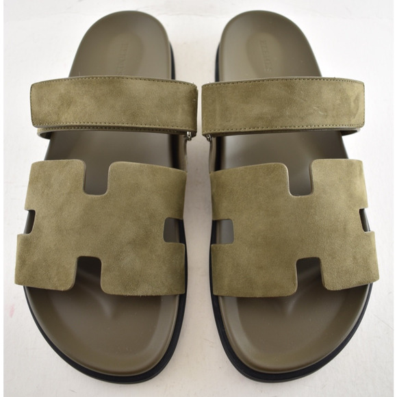 Hermes Chypre Sandal Mens Vert Toundra Green Suede Black H Logo Slide Flat 46 13 - Picture 10 of 16